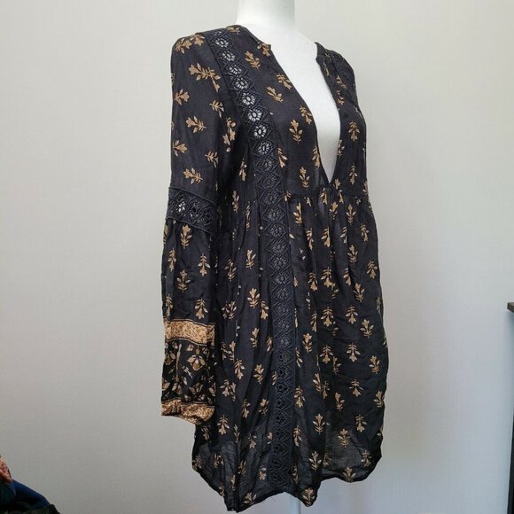 Honey Punch Black Brown Tan Floral Long Sleeve Mini Dress Size Medium Boho - Picture 8 of 11